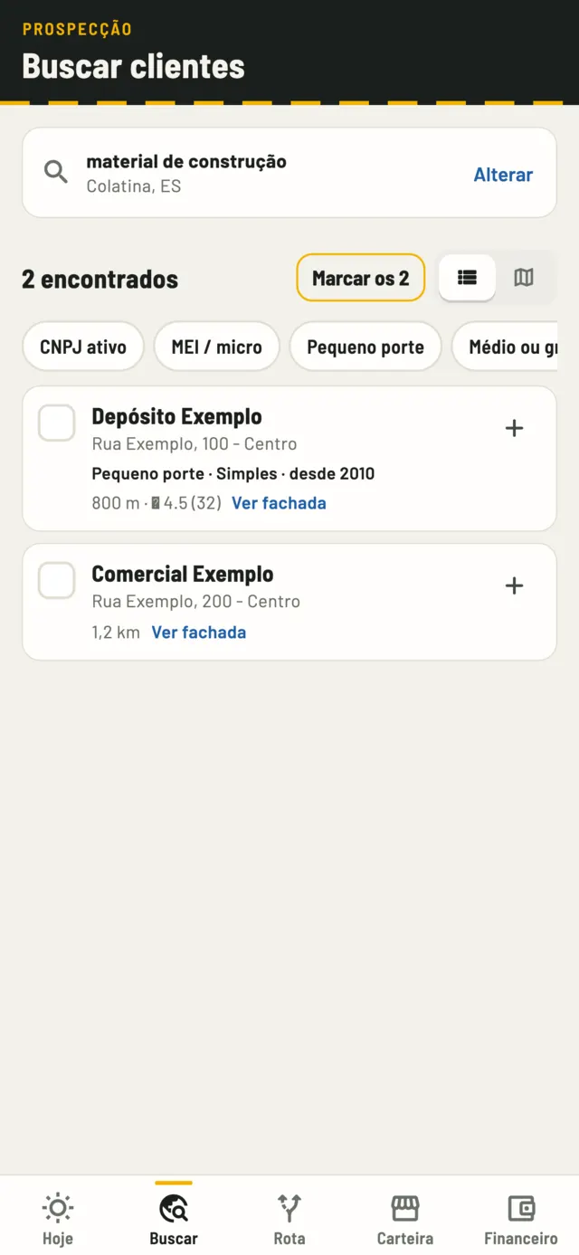 Tela de busca com lojas de material de construção, porte, Simples e distância