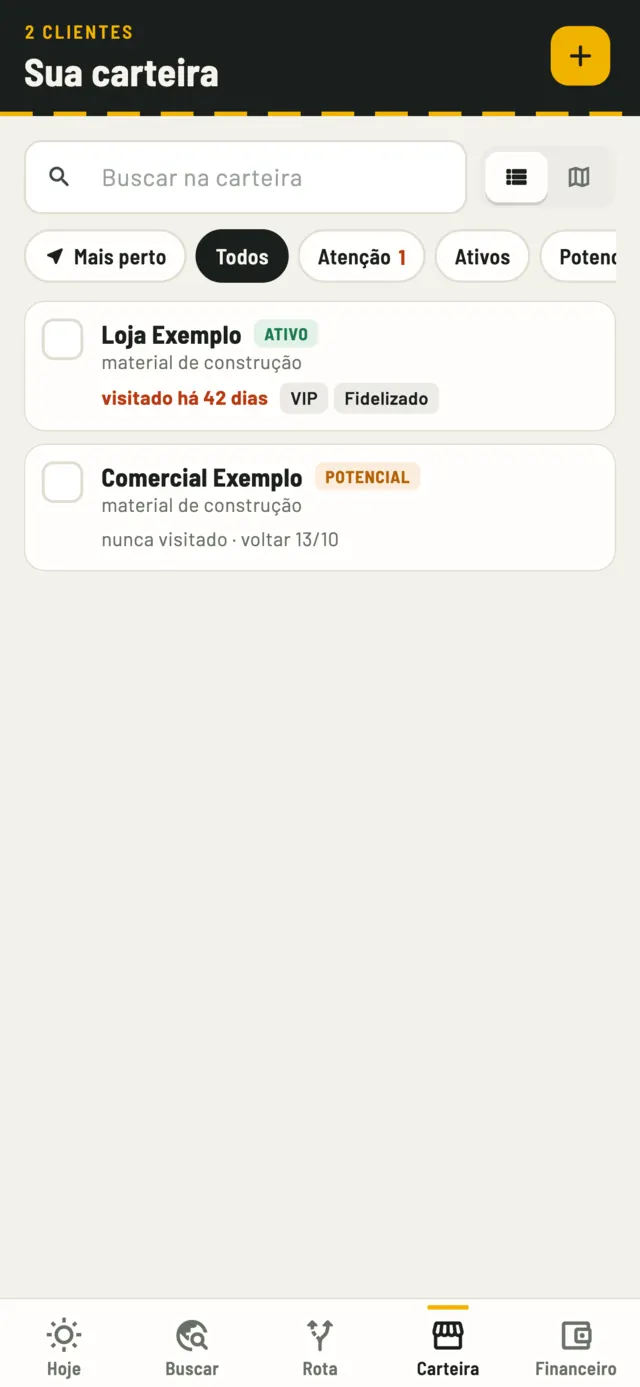 Carteira de clientes com etiquetas de visita atrasada, VIP e fidelizado